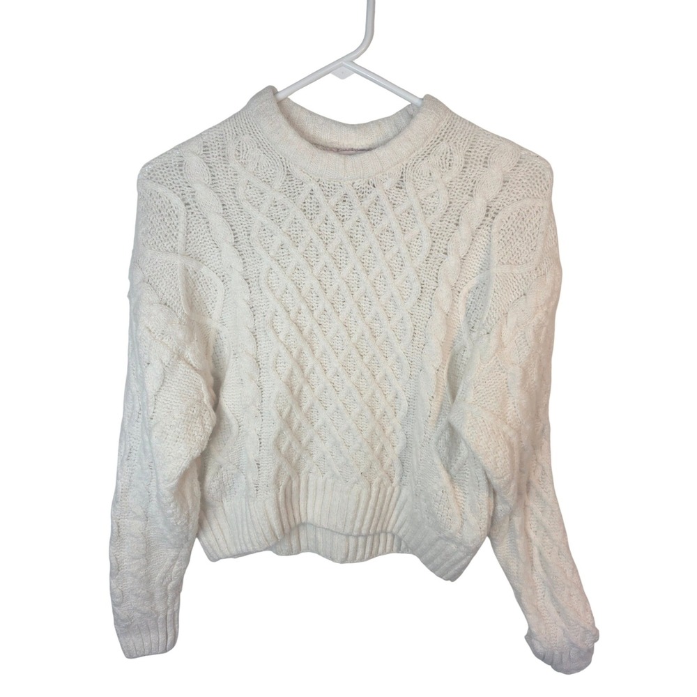 Pink Rose Ivory Cable Knit Cropped Sweater Mock Neck White XS 4S27213